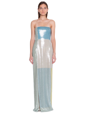 Strapless Sequin Colorblock Gown