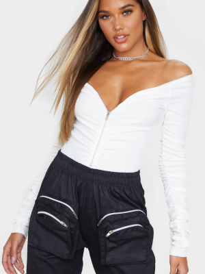 White Bardot Zip Ruched Sleeve Bodysuit