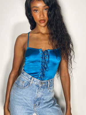 Blue Satin Lace Up Front Bodysuit