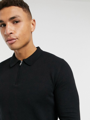 Topman Knitted Zip Neck Polo In Black