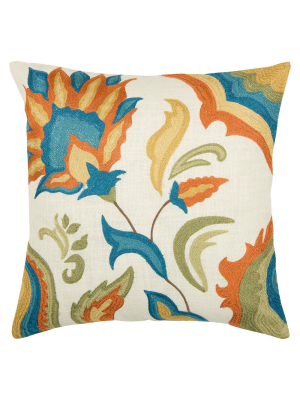 Off White Embroidered Floral Throw Pillow 18"x18" - Rizzy Home