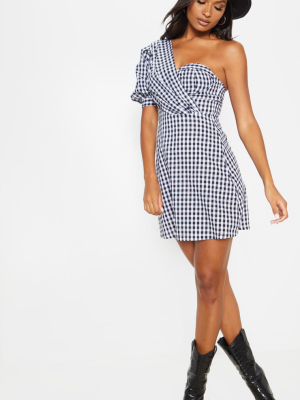 Black Gingham One Shoulder Puff Sleeve Bodycon...