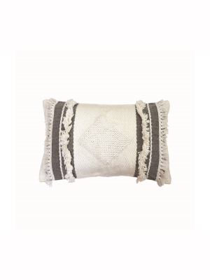 White And Gray 14 X 22 Inch Decorative Cotton Throw Pillow Cover With Insert And Hand Tied Fringe - Foreside Home & Garden