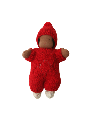 Small Peruvian Waldorf Doll · Black Boy In Red Jumpsuit