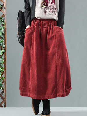 Plus Size - Elastic Waist Calf Length Spring Corduroy Skirt