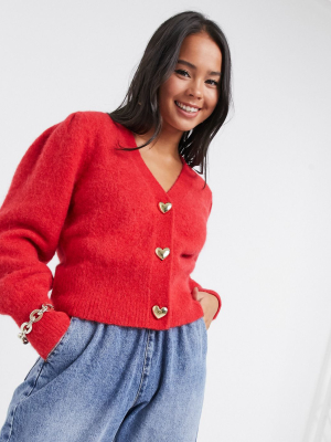 & Other Stories Gold Heart Button Puff-sleeve Cardigan In Red