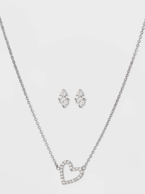 Silver Plated With Cubic Zirconia Pave Heart Necklace And Earring Set - A New Day™ Silver