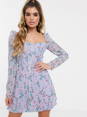 Missguided Square Neck Skater Dress In Lilac Ditsy Floral