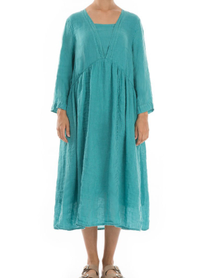 Flared Aqua Green Linen Dress