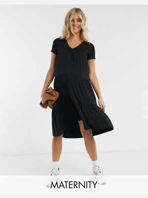 Mamalicious Maternity Smock Midi Dress With V Neck In Black Jersey