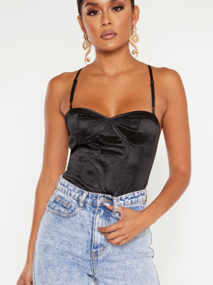 Black Satin Panel Detail Cross Strap Bodysuit