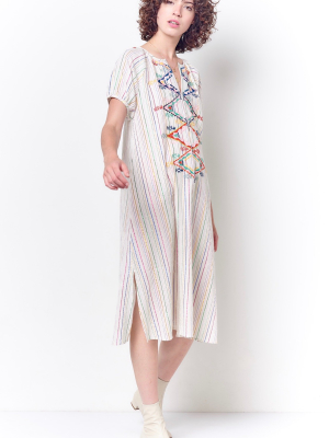 Jessica Peasant Dress With Embroidery -stripe