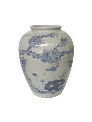 Open Top Jar With Pine Deer Motif, Blue And White