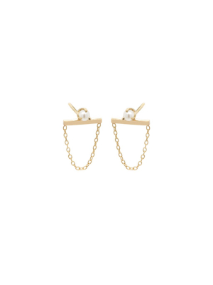 14k  Tiny Pearl Bar Chain Studs