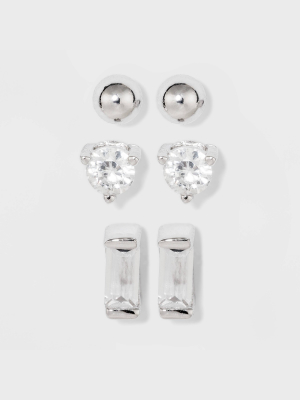 Sterling Silver Cubic Zirconia Round Stud, Baguette And Polished Ball Stud Earring Set 3pc - A New Day™ Silver