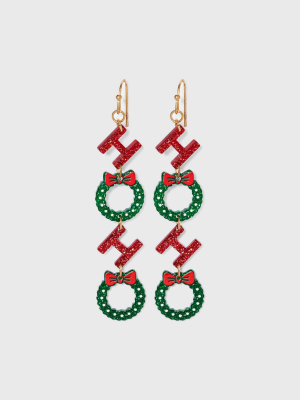 Ho Ho Christmas Wreath Earrings - Red/green