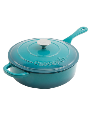 Crock Pot 112013.02 Artisan 3.5 Quart Enameled Cast Iron Saute Pan With Matching Lid And Non Stick Interior, Teal Ombre