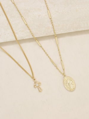 Memento Cross And Coin 18k Gold Plated Necklace Set