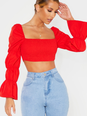 Red Ruched Long Sleeve Crop Top