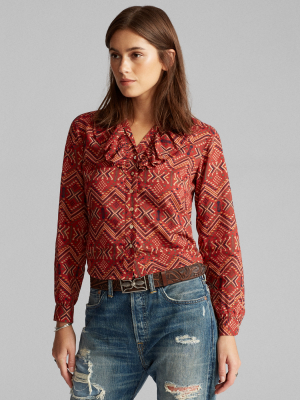 Southwestern-print Ruffled Cotton Blouse