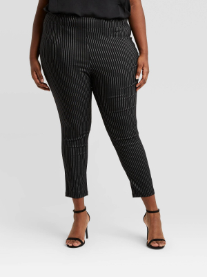 Women's Plus Size Striped High-rise Skinny Cropped Pants - Who What Wear™ Black