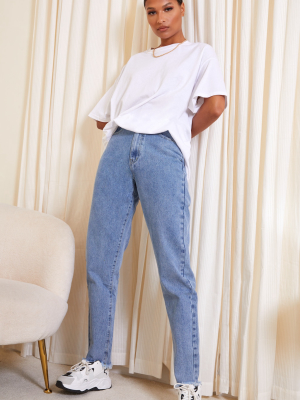 Mid Wash Frayed Hem Mom Jeans