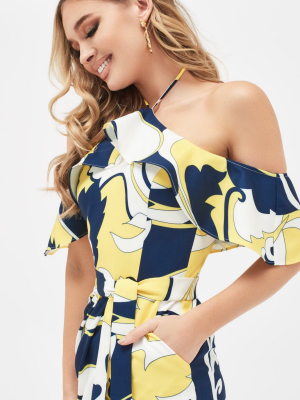 Swirl Print Bardot Frill Halterneck Midi Dress