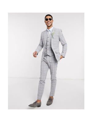 Asos Design Wedding Skinny Suit In Blue And Gray Windowpane Check