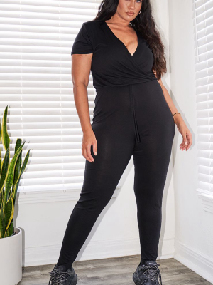 Plus Black Jersey Wrap Jumpsuit