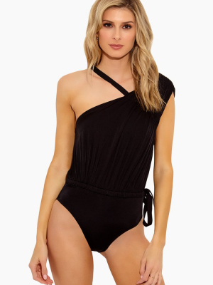 Asymmetric Ruched Tie One Piece Swimsuit - Black