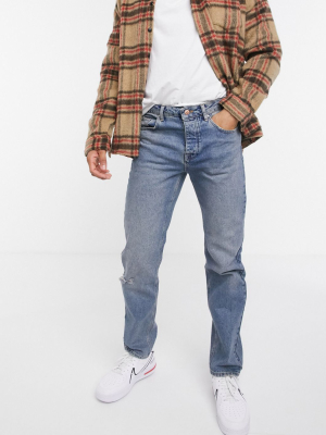 Asos Design Original Fit Jeans In Mid Blue 90s Wash With Abrasions