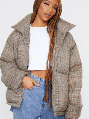 Brown Check Oversized Quilted Large Collar...