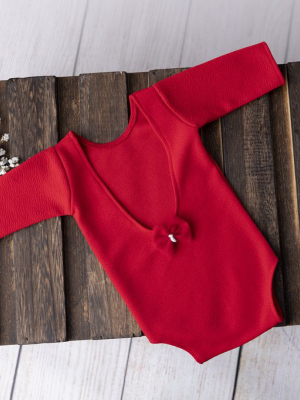 Bodysuit With Bow - Textured - Red