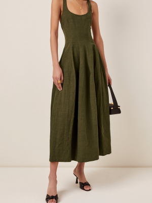 Pleated Linen Midi Dress