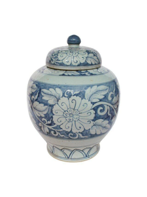 Lidded Peony Jar, Blue And White