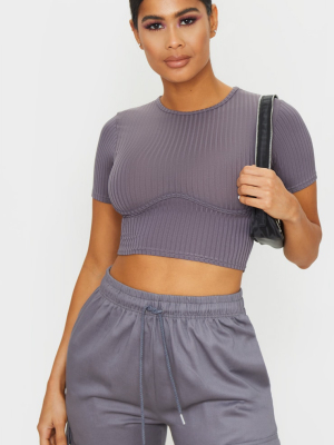 Grey Underbust Detail Slinky Short Sleeve Top