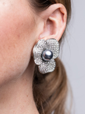 Grey Pearl Center Flower Clip Earrings