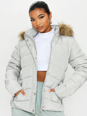 Grey Quilted Mara Faux Fur Hooded Puffer Jacket