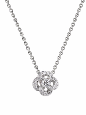 18ct White Gold 0.10ct Diamond And Pave Entwined Petal Flower Necklace