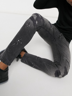 Topman Skinny Jeans With Paint Splatter In Vintage Washed Black