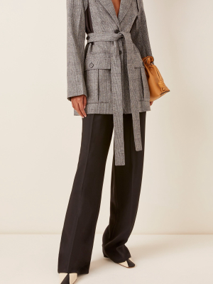 Belted Checked Patchwork Wool-blend Jacket