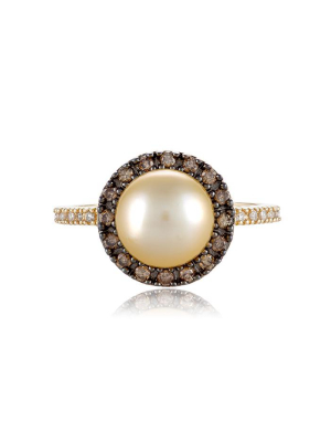 Effy 14k Yellow Gold Cultured Pearl And Diamond Ring, 0.31 Tcw