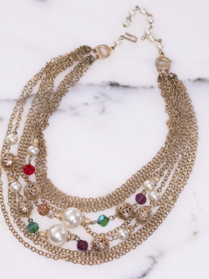 Vintage Mutli-strand Gold Necklace With Faux Pearls, Filigree Beads, And Faceted Crystals