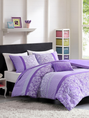 Angela Polka Dot Floral Comforter Set - Purple