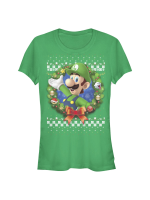 Junior's Nintendo Christmas Luigi Wreath T-shirt