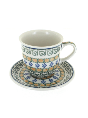 Blue Rose Polish Pottery Herb Garden Cup & Saucer