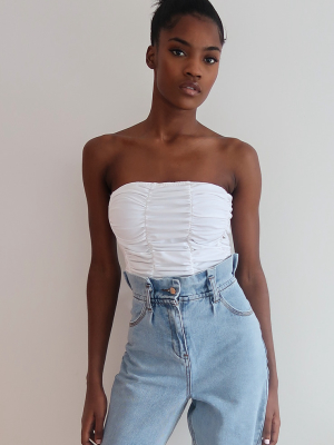 White Ruched Bandeau Crop Top