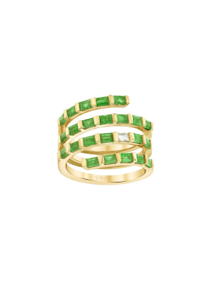 Emerald & Diamond Quad Spiral Ring - Gold