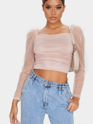 Blush Mesh Ruched Side Seam Long Sleeve Crop Top