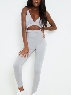 Grey Marl Strappy Plunge Cut Out Jumpsuit